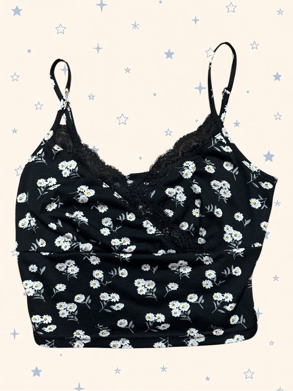 SHEIN Black Daisy Floral Lace Trim Cami Crop Top XS